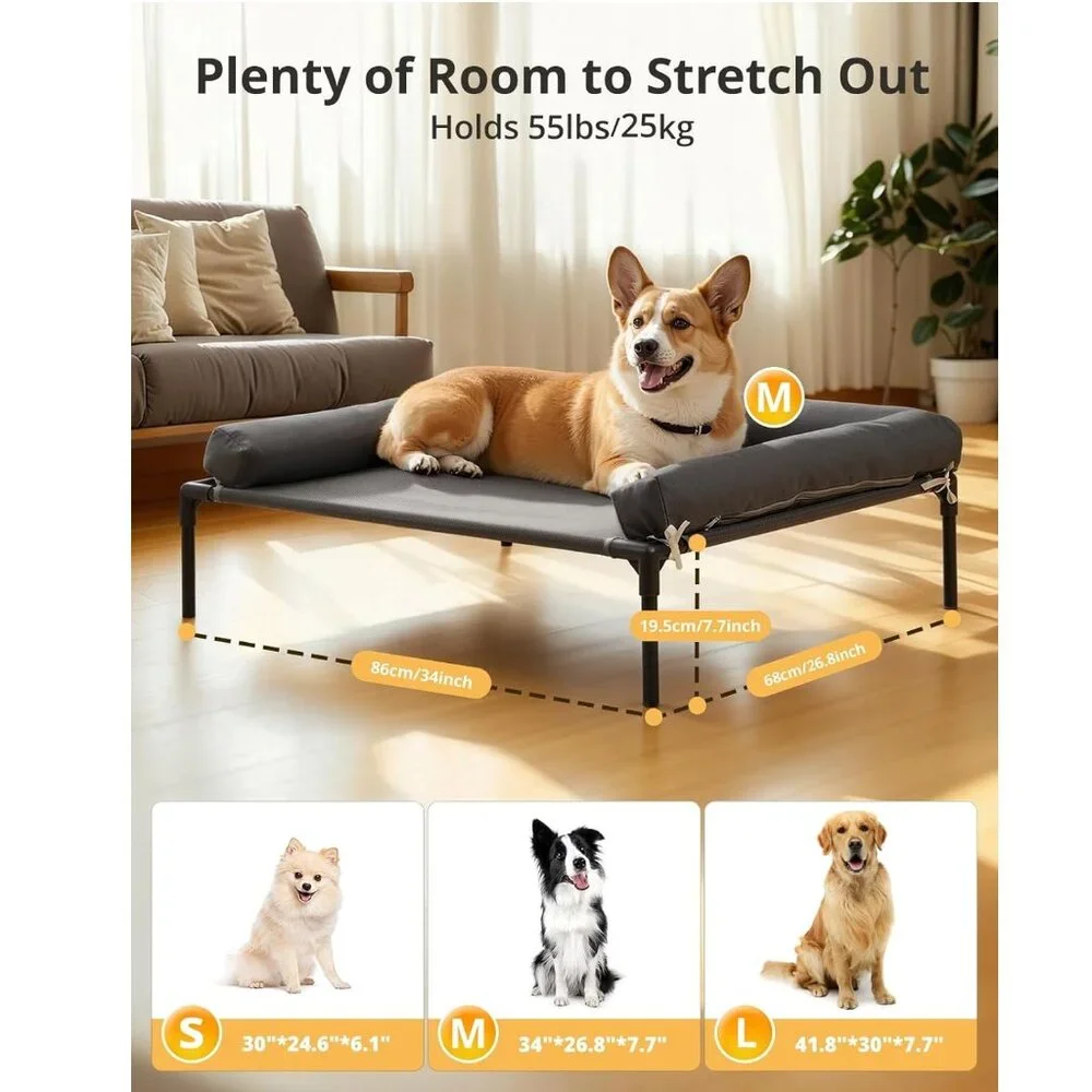 Cooling Elevated Dog Bed, 26.8x34 Raised Dog Bed with Removable Bolster Cushion - Picture 5 of 7